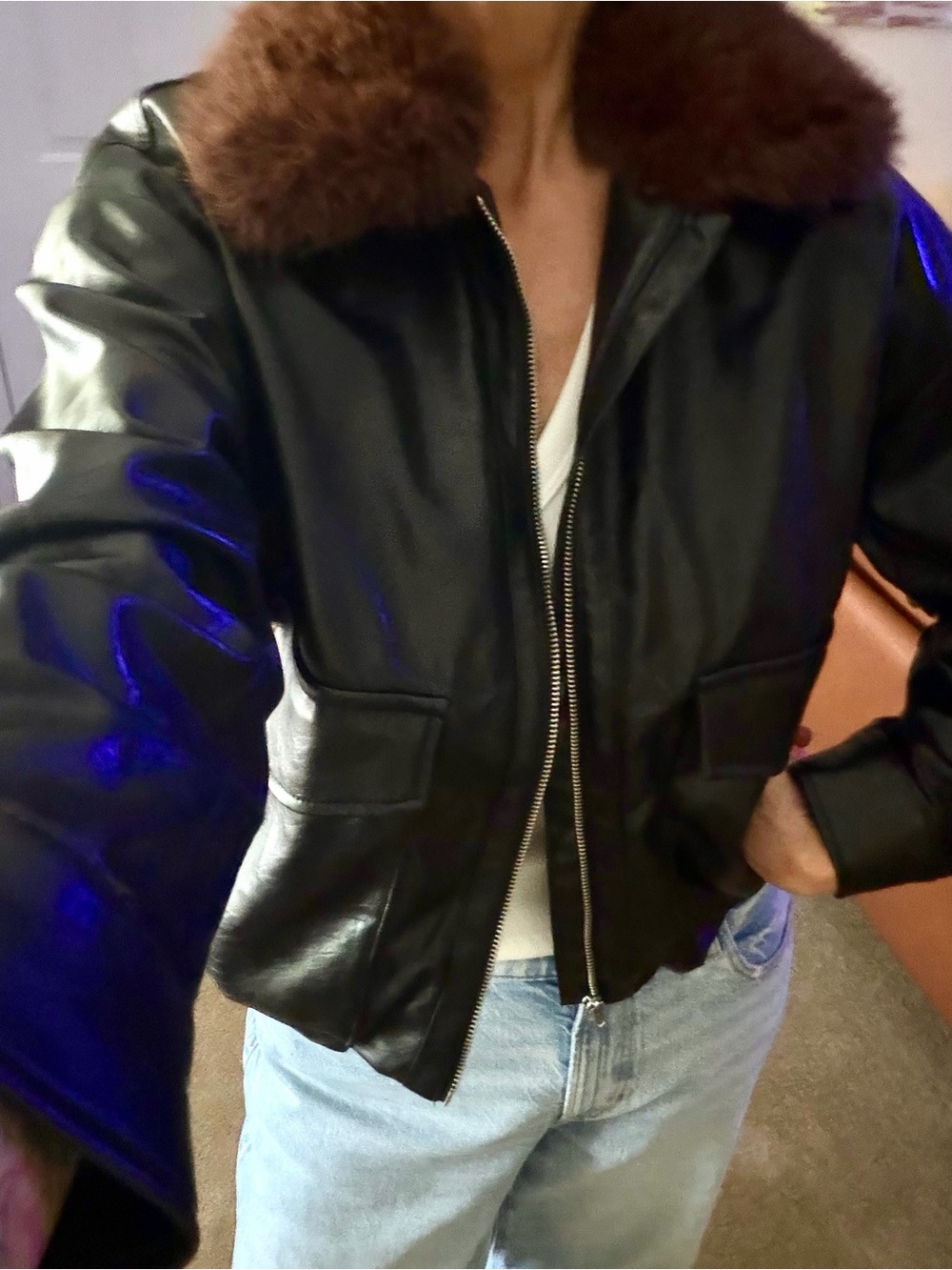 H&M Black Bomber Jacket with Brown Fur removable Collar